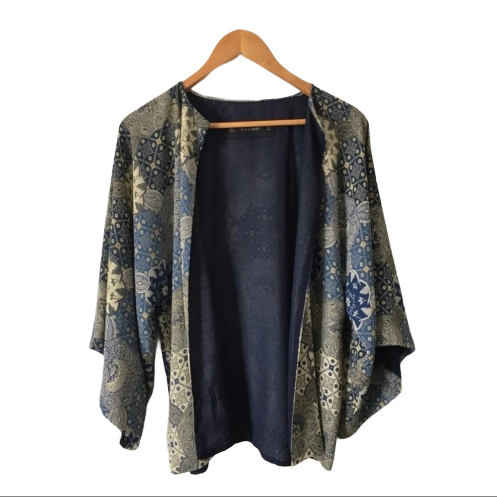 Zara Navy Blue and Beige Kimono Cardigan